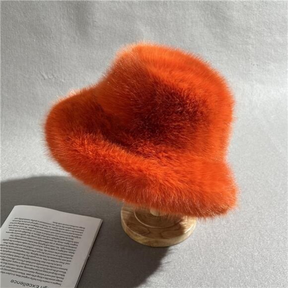 Luxury Faux Fur Bucket Hat for Women Beige - Picture 5 of 7